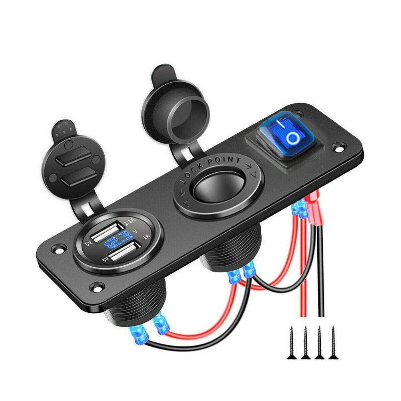 3 Az 1-ben Kettős Usb Töltő Led Feszültségmérő 12 V 24 V Tápcsatlakozó Be-ki Kapcsoló Panel Fekete Tengeri Usb Csónak Motorkerékpár Autó