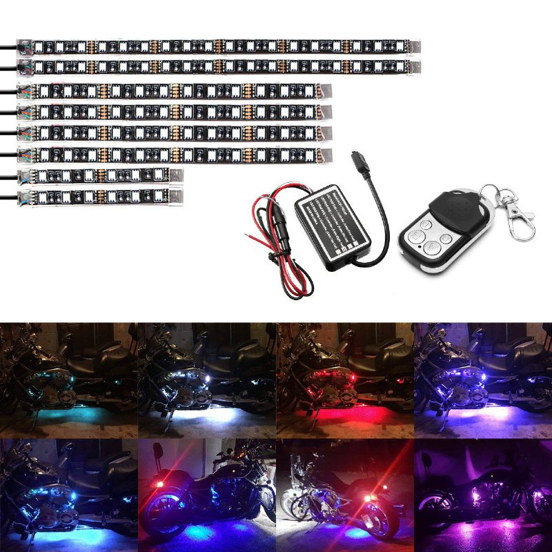 8 Db Motorkerékpár Led-es Lámpakészletek Szalagok Egyenáramú 12 Voltos Vízálló Rgb Többszínű Neon Földhatású Légköri Lámpák Távirányítóval És Ragasztókapcsokkal