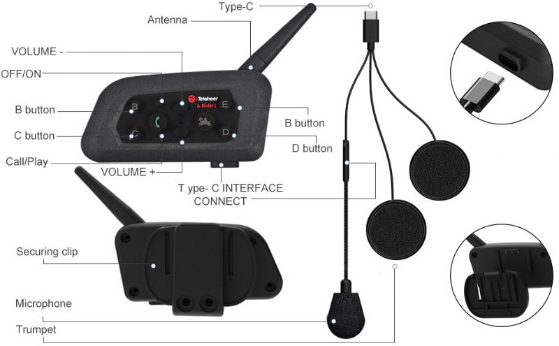V6 1500m Motorkerékpár Bluetooth Sisak Walkie-talkie Vízálló Hangszóró Két Ember Beszélhet Egyszerre