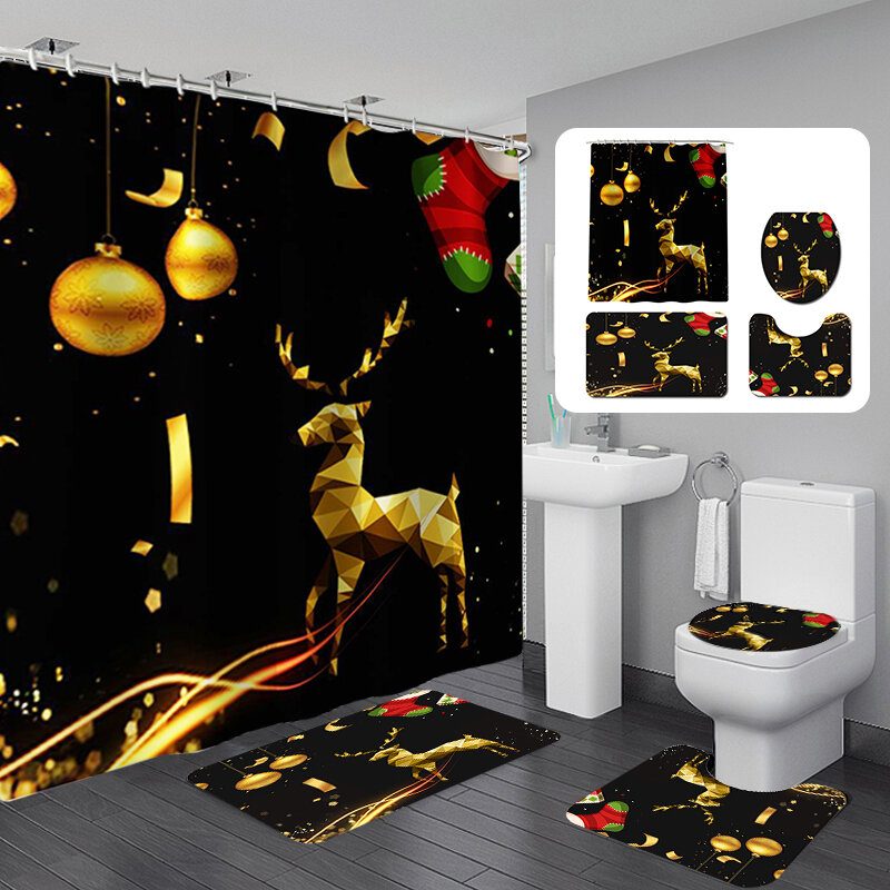 180x180 Vízálló Karácsonyi Elk Zuhanyfüggöny Szett Csúszásmentes Fürdőszőnyeg Wc Fedél Takaró Padlószőnyeg