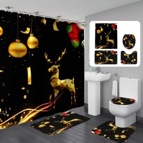 180x180 Vízálló Karácsonyi Elk Zuhanyfüggöny Szett Csúszásmentes Fürdőszőnyeg Wc Fedél Takaró Padlószőnyeg