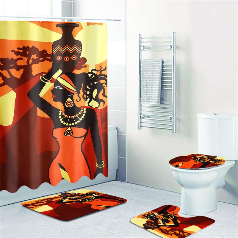 180x180cm Afrikai Női Vízálló Zuhanyfüggöny Szett Szőnyegekkel Csúszásmentes Fürdőszobaszőnyeg Wc Szőnyeg Fürdőszőnyeg