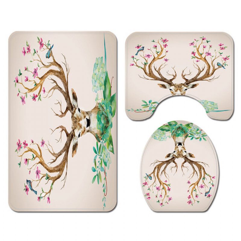Elk Flower Printing Zuhanyfüggöny Padlószőnyeg Négyrészes Kombinált Fürdőszobaszőnyeg Szett