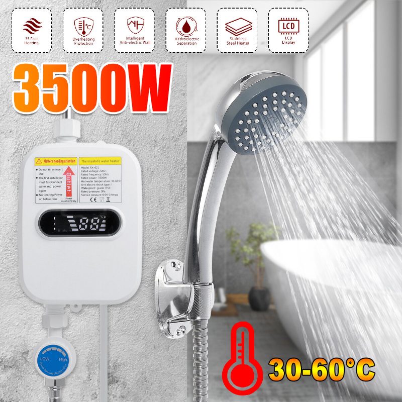 Eu Direct 3500w 220v Mini Vízmelegítő Meleg Elektromos Tartály Nélküli Háztartási Fürdőszobai Csaptelep Zuhanyfejjel Lcd Hőmérséklet Kijelzővel