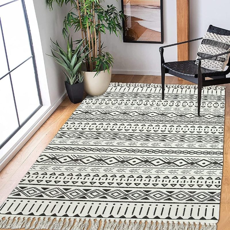 Boho Pamut Nappaliszőnyeg Mosható Kézzel Szőtt Rojtok Beltéri Kültéri Szőnyegek Nagy Parasztház Szőnyeg Bohém Geometriai Területű 4x6