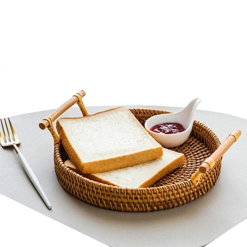 Rattan Tárolótálca Kerek Kosár Fonott Tároló Tányér Fa Fogantyúkkal