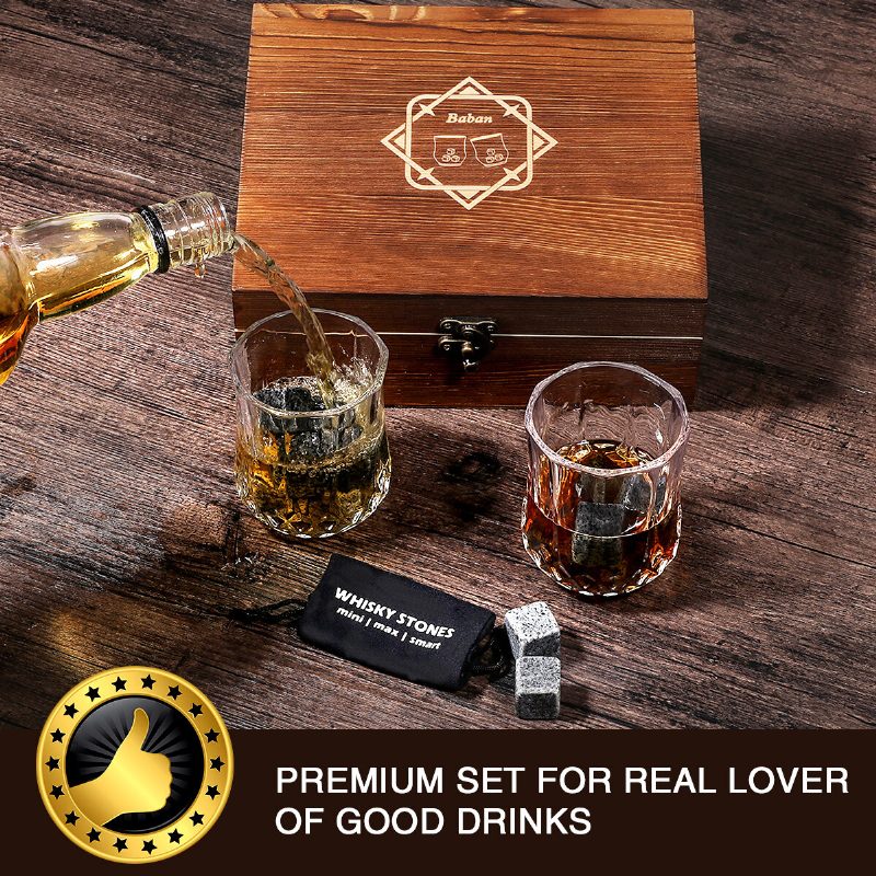 Whisky Stone Set Újrafelhasználható Jégkocka 8 Jégcsillapító 2 Pohár Rozsdamentes Acél Kapcsok Gyapjú Táskával Fa Ajándék A Legjobb Férfiaknak