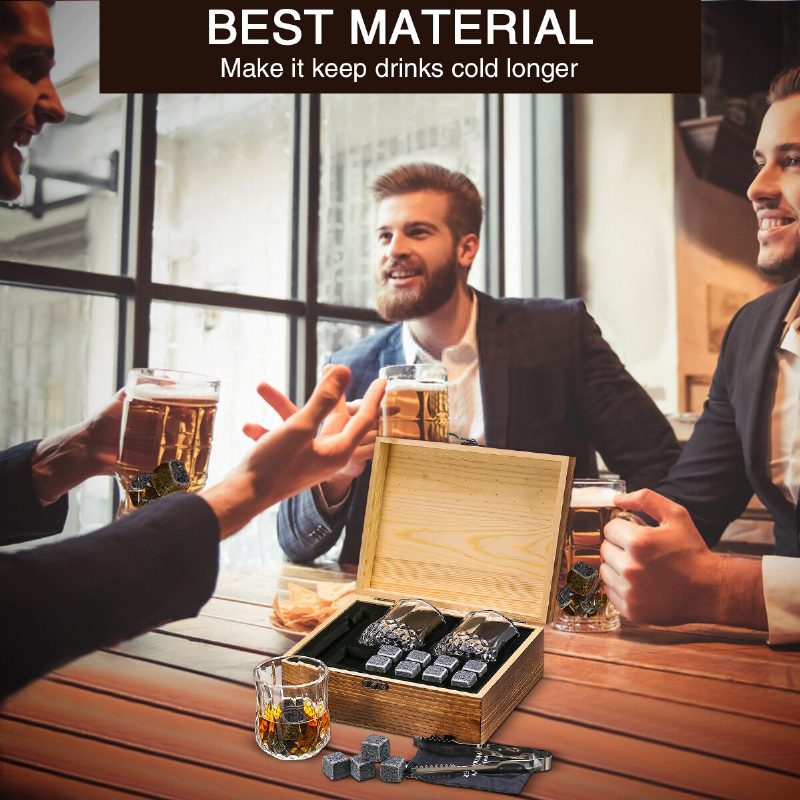 Whisky Stone Set Újrafelhasználható Jégkocka 8 Jégcsillapító 2 Pohár Rozsdamentes Acél Kapcsok Gyapjú Táskával Fa Ajándék A Legjobb Férfiaknak