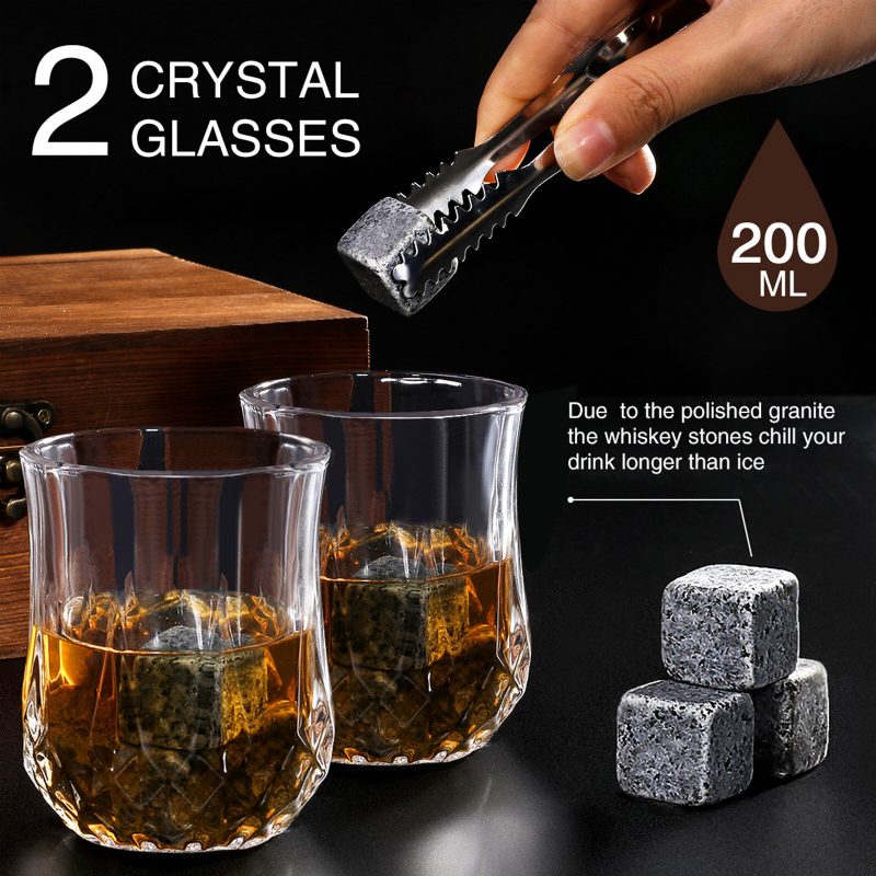 Whisky Stone Set Újrafelhasználható Jégkocka 8 Jégcsillapító 2 Pohár Rozsdamentes Acél Kapcsok Gyapjú Táskával Fa Ajándék A Legjobb Férfiaknak