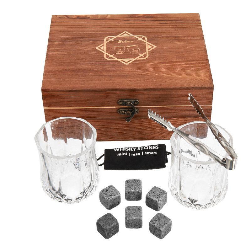 Whisky Stone Set Újrafelhasználható Jégkocka 8 Jégcsillapító 2 Pohár Rozsdamentes Acél Kapcsok Gyapjú Táskával Fa Ajándék A Legjobb Férfiaknak