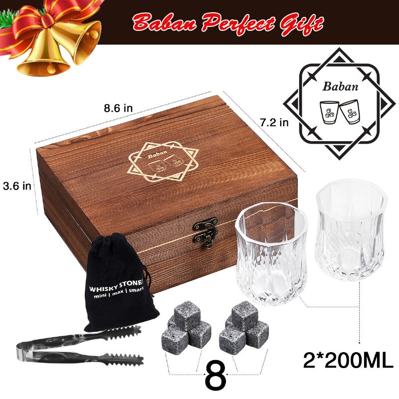 Whisky Stone Set Újrafelhasználható Jégkocka 8 Jégcsillapító 2 Pohár Rozsdamentes Acél Kapcsok Gyapjú Táskával Fa Ajándék A Legjobb Férfiaknak