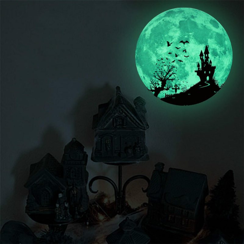 Halloween Moon Denevér Világít A Sötétben Fali Matrica Világító Kivehető Party Szoba Dekoráció