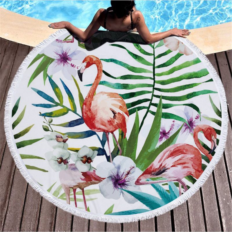 Fashion Flamingo 450g Kerek Strandtörölköző Bojtokkal Mikroszálas 150cm Piknik Takaró Strandtakaró