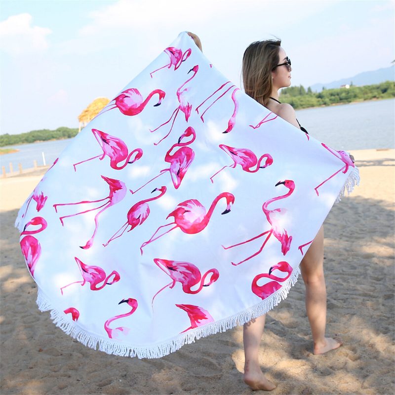 Fashion Flamingo 450g Kerek Strandtörölköző Bojtokkal Mikroszálas 150cm Piknik Takaró Strandtakaró