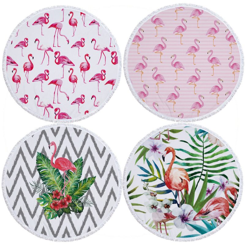 Fashion Flamingo 450g Kerek Strandtörölköző Bojtokkal Mikroszálas 150cm Piknik Takaró Strandtakaró
