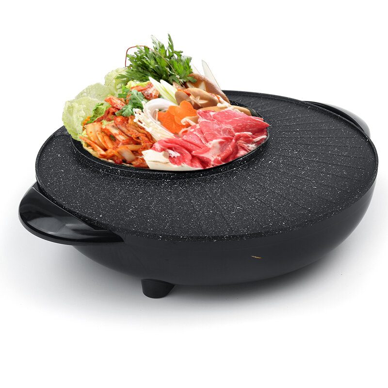 220 V Elektromos Multifőző 2 Az 1-ben Forró Edény Bbq Sütő Füstmentes Tapadásmentes Barbecue Sütőlap
