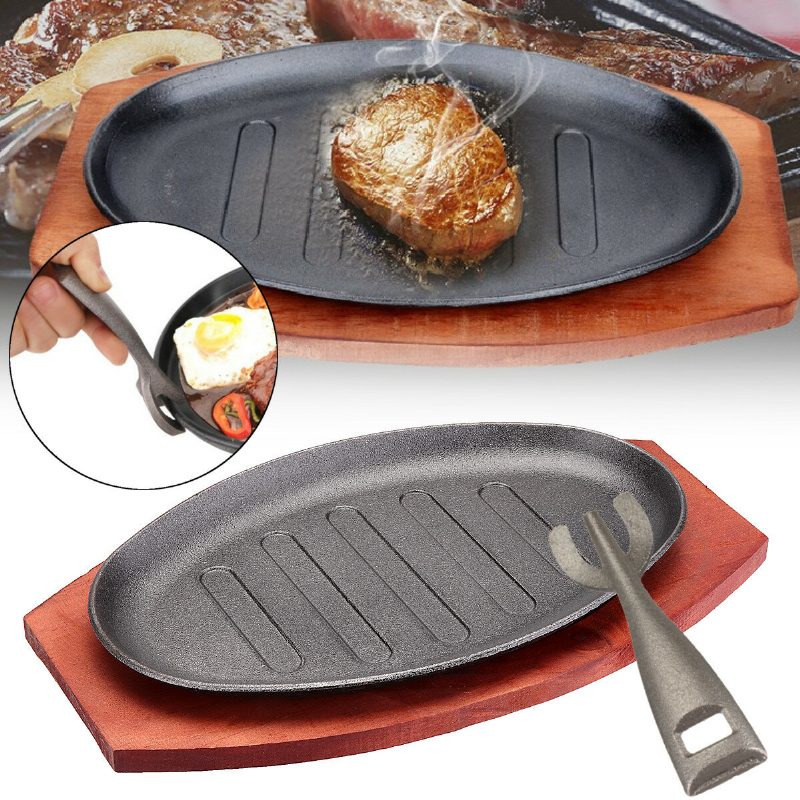 3 Méretű Öntöttvas Steak Fajita Serpenyős Tányér Bbq Grillserpenyő Fából Készült Tartó