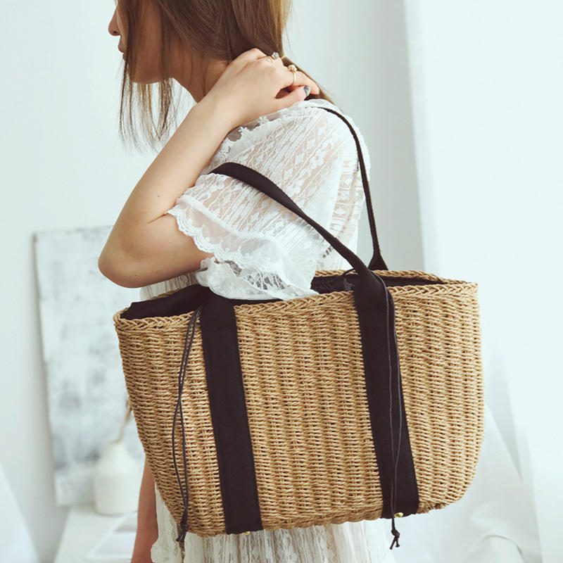 32 X 24 cm-es Szalmatáska Kézitáska Kézzel Készített Szövött Beach Camping Travel Crossbody Táska