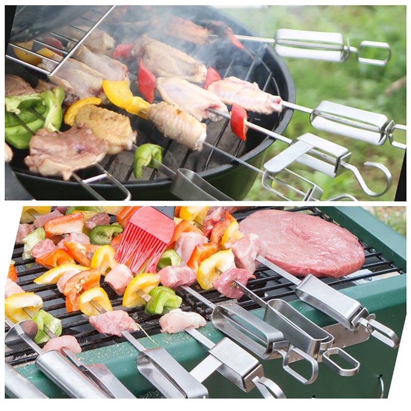 6 Db/szett 14"-es Nyárs Rozsdamentes Acél Bbq Lapos Fém Grill Nyárskészlet Újrafelhasználható Bbq Rudak Tárolótáskával