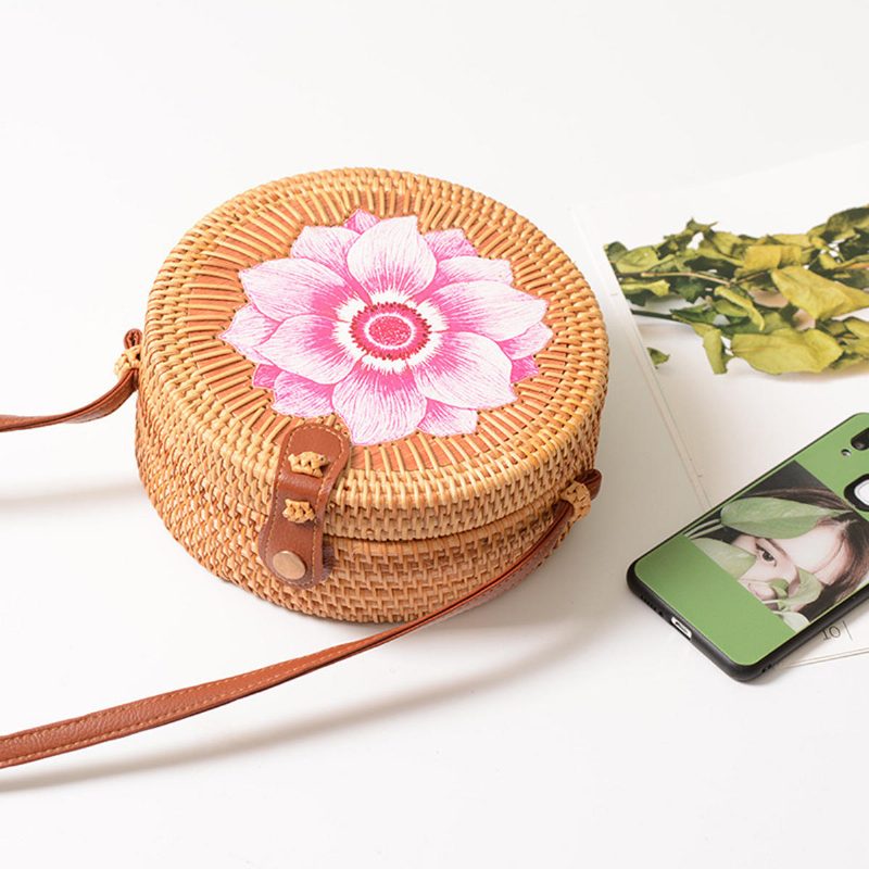 Női Szalmatáska Kézzel Szőtt Kerek Rattan Strand Kézitáska Crossbody Táska Tote Outdoor Travel