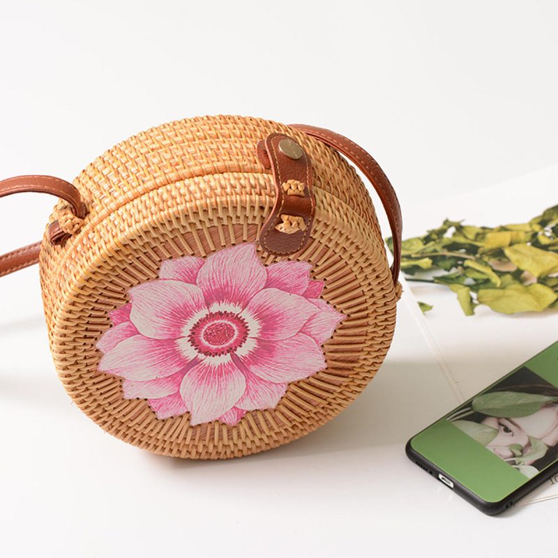 Női Szalmatáska Kézzel Szőtt Kerek Rattan Strand Kézitáska Crossbody Táska Tote Outdoor Travel