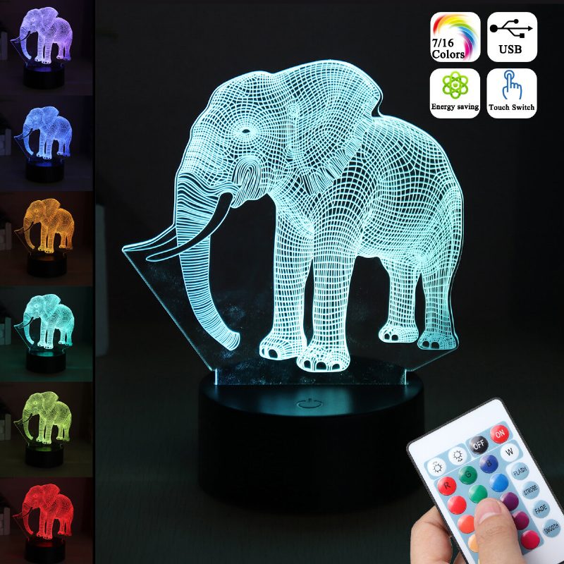 3d Akril Led 7/16 Szín Színes Éjszakai Fények Elefánt Modell Távirányítós Érintéskapcsoló Fény