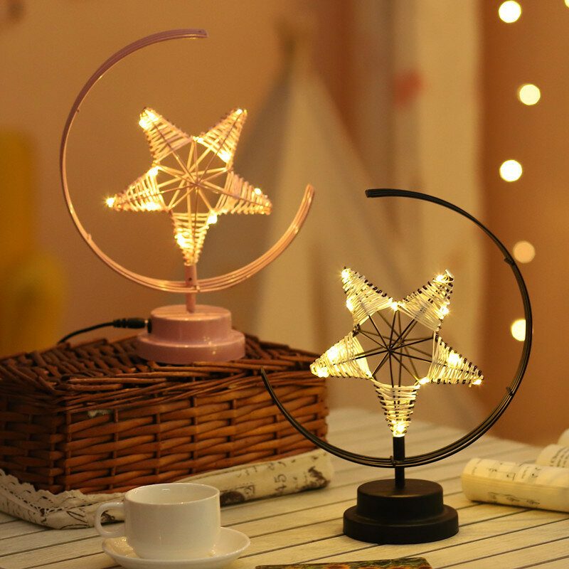 Elemes/usb Tápellátású Meleg Fény Fekete/rózsaszín Star Moon Éjszakai Asztali Lámpa Születésnapi Ajándék
