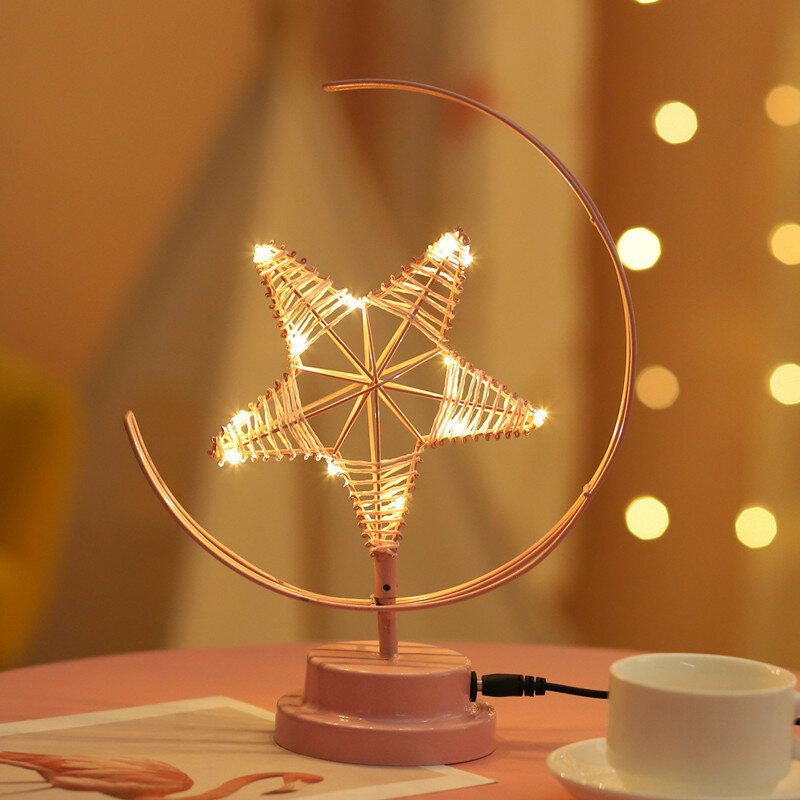 Elemes/usb Tápellátású Meleg Fény Fekete/rózsaszín Star Moon Éjszakai Asztali Lámpa Születésnapi Ajándék