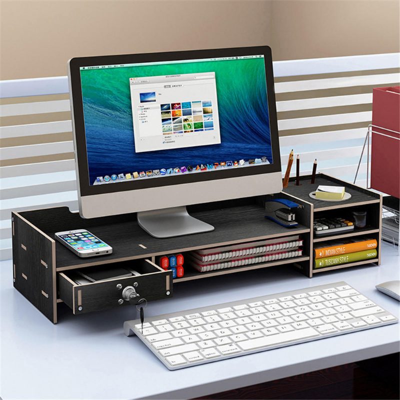 Többfunkciós Asztali Monitor Állvány Számítógép Laptop Képernyő Emelő Fa Polc Tároló Tartó Zárral