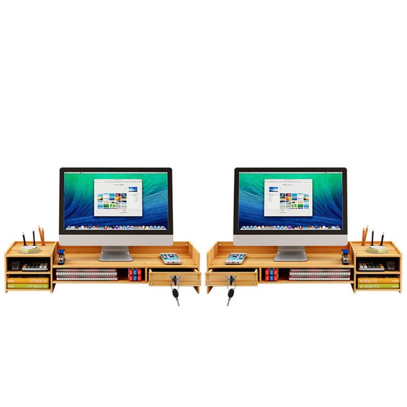 Többfunkciós Asztali Monitor Állvány Számítógép Laptop Képernyő Emelő Fa Polc Tároló Tartó Zárral