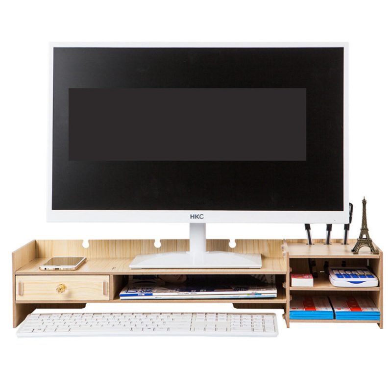 Többfunkciós Asztali Monitor Állvány Számítógép Laptop Képernyő Emelő Fa Polc Tároló Tartó Zárral