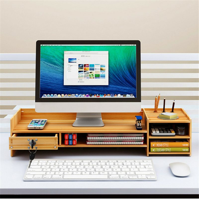 Többfunkciós Asztali Monitor Állvány Számítógép Laptop Képernyő Emelő Fa Polc Tároló Tartó Zárral