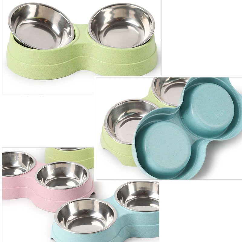 Double Pets Bowl Water Food Feeder Rozsdamentes Acél Edényadagoló
