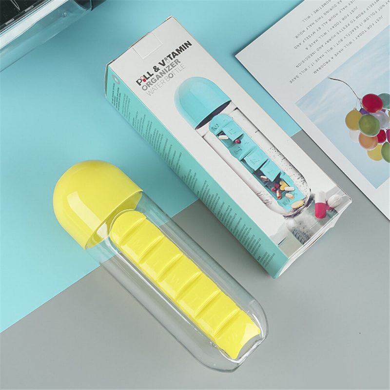2 Az 1-ben 600 Ml-es Pill Box Csésze Hordozható Nagy Kapacitású 7 Box Kültéri Hordozós Vizespalack Box Kapszula Csészével
