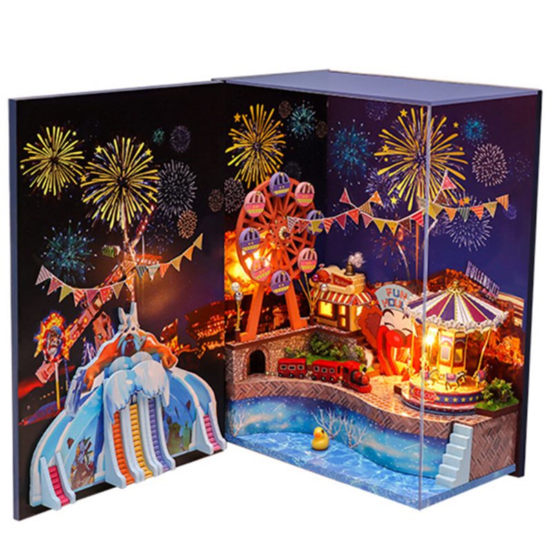 Viai Vidámpark Diy 3d Dekoratív Könyvtartók Kuckópolc Betétkészletek Porvédővel És Led-es Fényű Puzzle Játékkal Gyerekeknek Felnőtteknek Kreatív Ajándékok Otthoni Dekorációhoz
