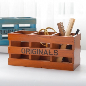 Zakka Retro Fa Tároló Doboz Asztali Kozmetikai Smink Szervező 3 Rácsos Tolltartó Távirányító Vintage Lakberendezés