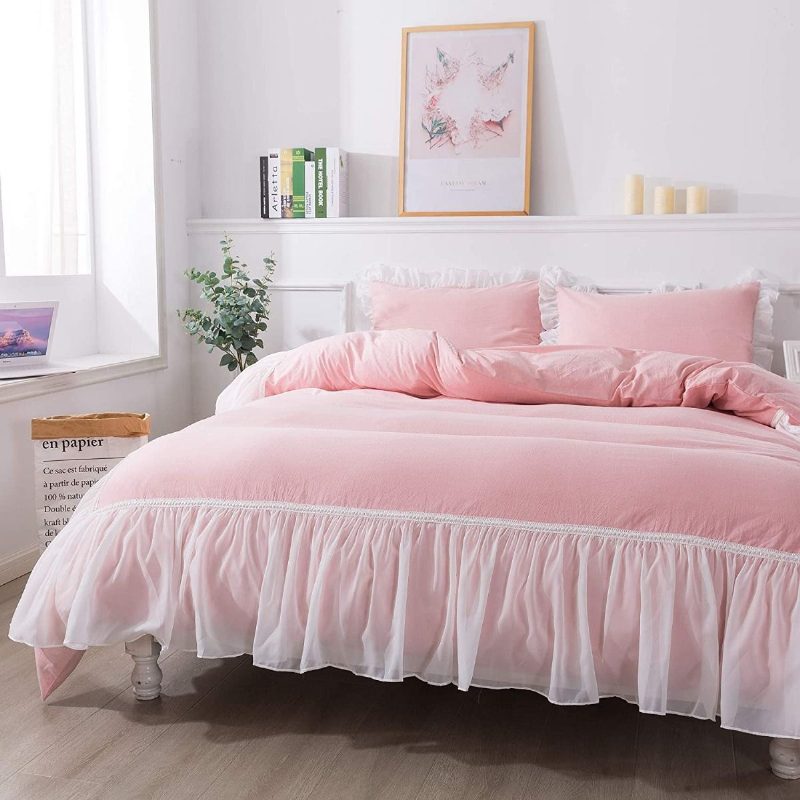 100% Mosott Pamut Lányok Elegáns Ágynemű Szett 3 Db Fehér Áttetsző Fodros Design Rózsaszín Hercegnős Paplanhuzat