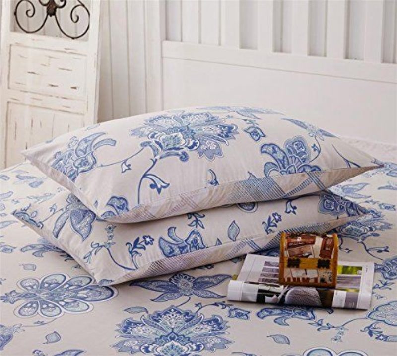 100% Pamut 4 Részes Country Rustic Flowers Kék Virágos Nyomtatott Paplanhuzat Készletek (queen 1 + 1 Lapos Lepedő + 2 Párnahuzat)