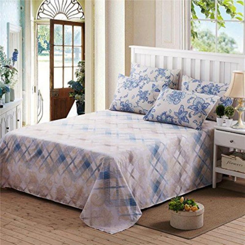 100% Pamut 4 Részes Country Rustic Flowers Kék Virágos Nyomtatott Paplanhuzat Készletek (queen 1 + 1 Lapos Lepedő + 2 Párnahuzat)