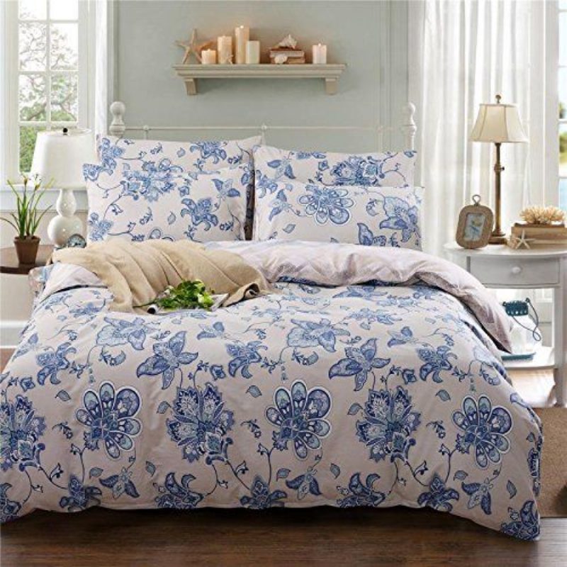 100% Pamut 4 Részes Country Rustic Flowers Kék Virágos Nyomtatott Paplanhuzat Készletek (queen 1 + 1 Lapos Lepedő + 2 Párnahuzat)