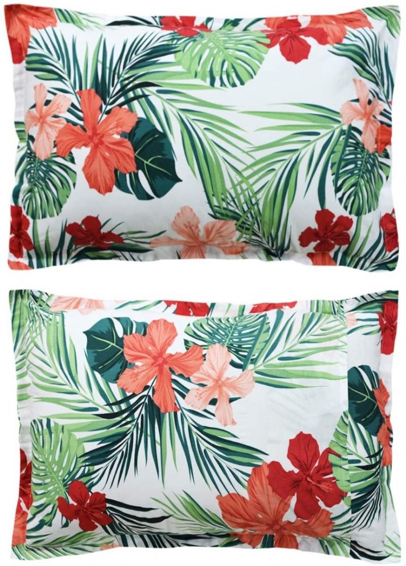 2db Hawaii Stílusú Párnaszárak Piros Hibiszkusz Pálmalevelű Párnahuzatok 100% Pamut Szuperpuha Hipoallergén Rejtett Cipzárral