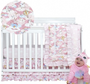 3 Db-os Baby Gir's Unicorn Gyerekágynemű 100% Pamut Rózsaszín Hercegnős Kiságy Ágynemű Szett (fodros Paplanhoz Illeszkedő Lepedős Szoknya)