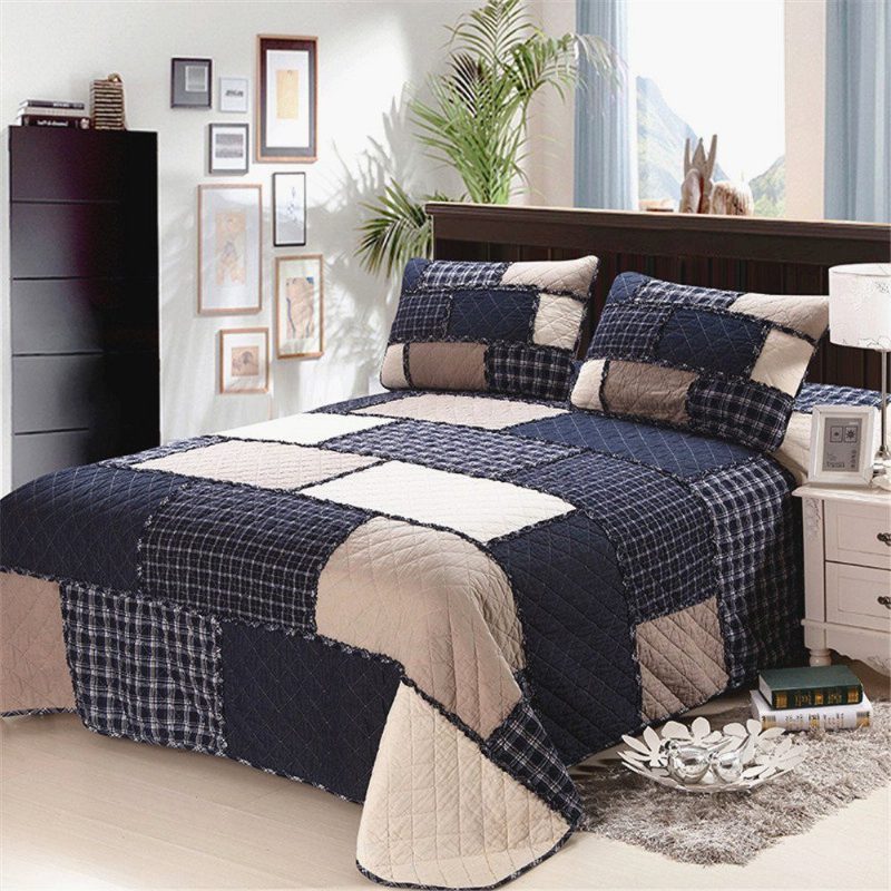 3 Db Queen Méretű Patchwork Megfordítható Férfi Ágynemű Paplan Szett Modern Kockás Rács Ágytakaró