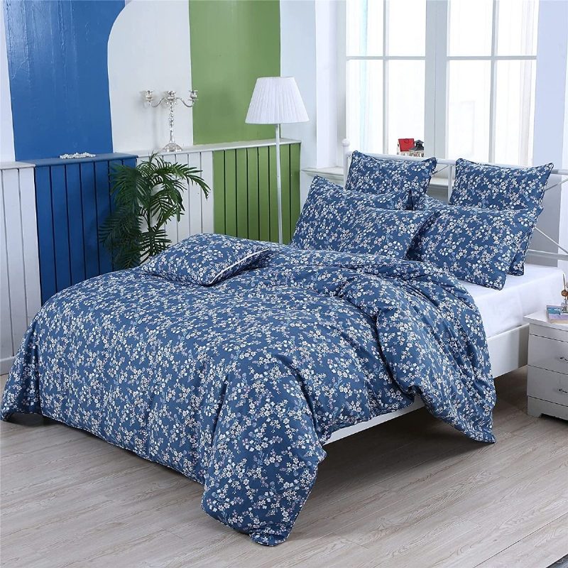 3 Db Vintage Shabby Blue Virágos Ágynemű Szett 100% Pamut Elegáns Apró Virágok Parasztház Paplanhuzat Cipzárral