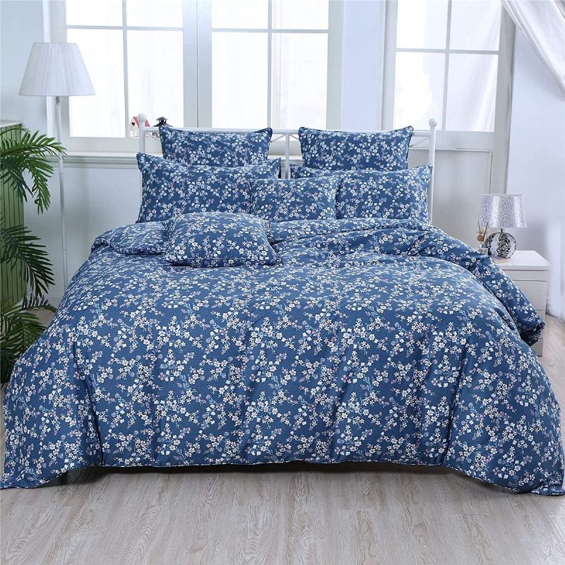 3 Db Vintage Shabby Blue Virágos Ágynemű Szett 100% Pamut Elegáns Apró Virágok Parasztház Paplanhuzat Cipzárral