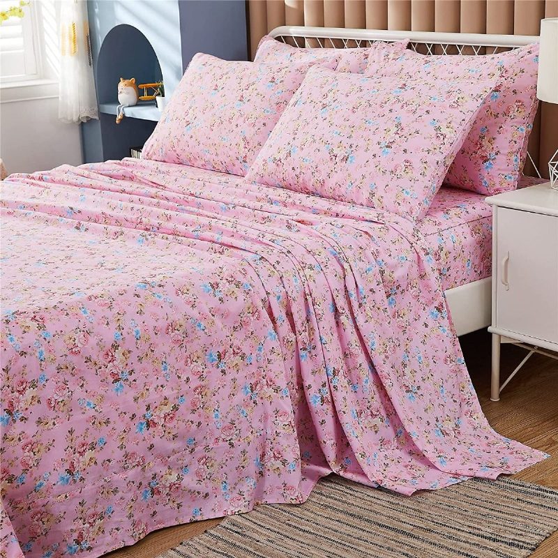 4 Db Farmhouse Shabby Virágos Ágynemű Szett 100% Pamut Elegáns Rózsa Virágmintás Lány Mély Zsebbe Illeszkedő Lepedővel