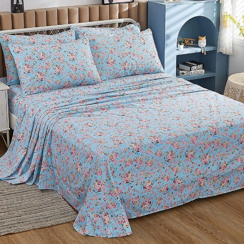 4 Db Farmhouse Shabby Virágos Ágynemű Szett 100% Pamut Elegáns Rózsa Virágmintás Lány Mély Zsebbe Illeszkedő Lepedővel