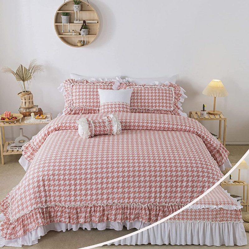 4 Db Lányos Rózsaszín Rácsos Ágyneműkészlet 100% Pamut Houndstooth Mintás Csipke Fodros Paplanhuzat 18'' Magas Ágyszoknya És 2 Párnahuzat