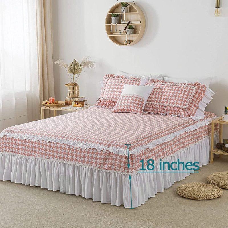 4 Db Lányos Rózsaszín Rácsos Ágyneműkészlet 100% Pamut Houndstooth Mintás Csipke Fodros Paplanhuzat 18'' Magas Ágyszoknya És 2 Párnahuzat