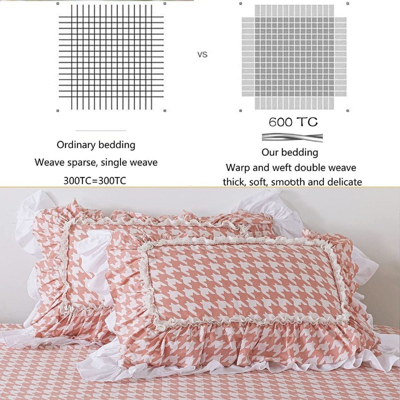 4 Db Lányos Rózsaszín Rácsos Ágyneműkészlet 100% Pamut Houndstooth Mintás Csipke Fodros Paplanhuzat 18'' Magas Ágyszoknya És 2 Párnahuzat